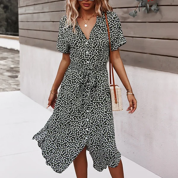 Dresses for Women Casual Fashion Short Sleeve V Neck Button Up Tunic Bandage Shirt Dress Floral Printed Summer Holiday Style Beach Sun Dress