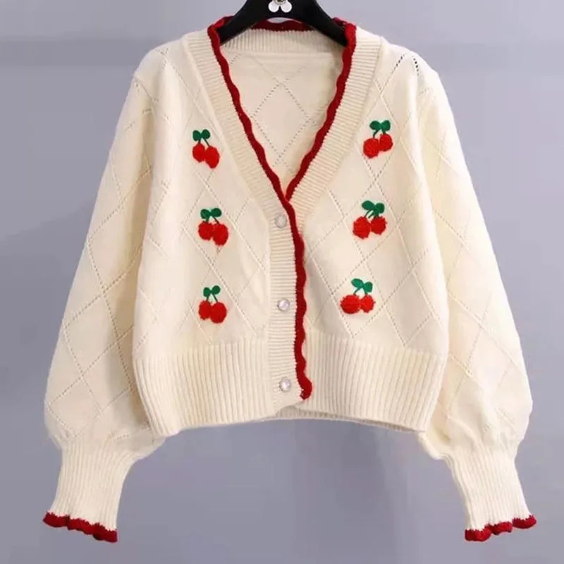 Colourp 2023 Winter New Knitted Cardigans Women Korean Button Up V Neck Cherry Sweaters Woman Sweet Patchwork Short Cardigan Tops