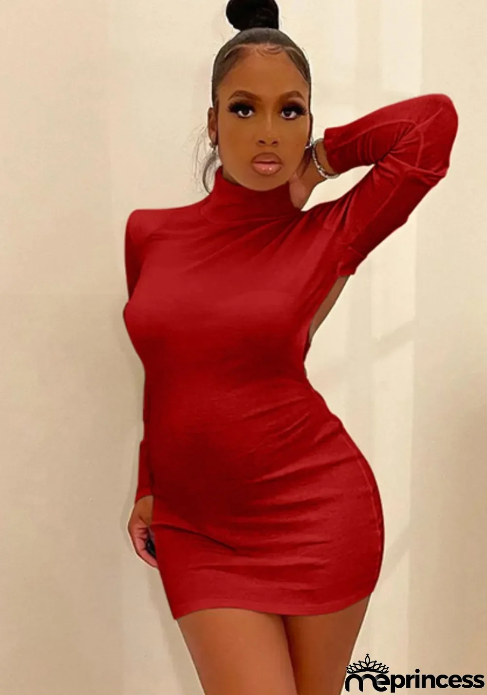 Autumn Red Cut Out Back Turtleneck Long Sleeve Mini Club Dress