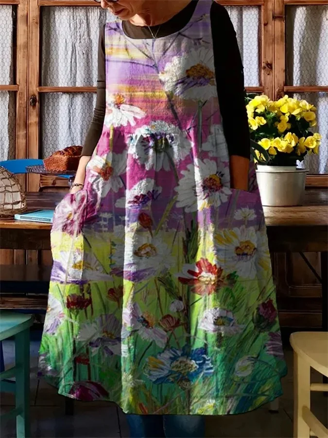 Women Casual Floral Oil Painting With Pocket Print Dress