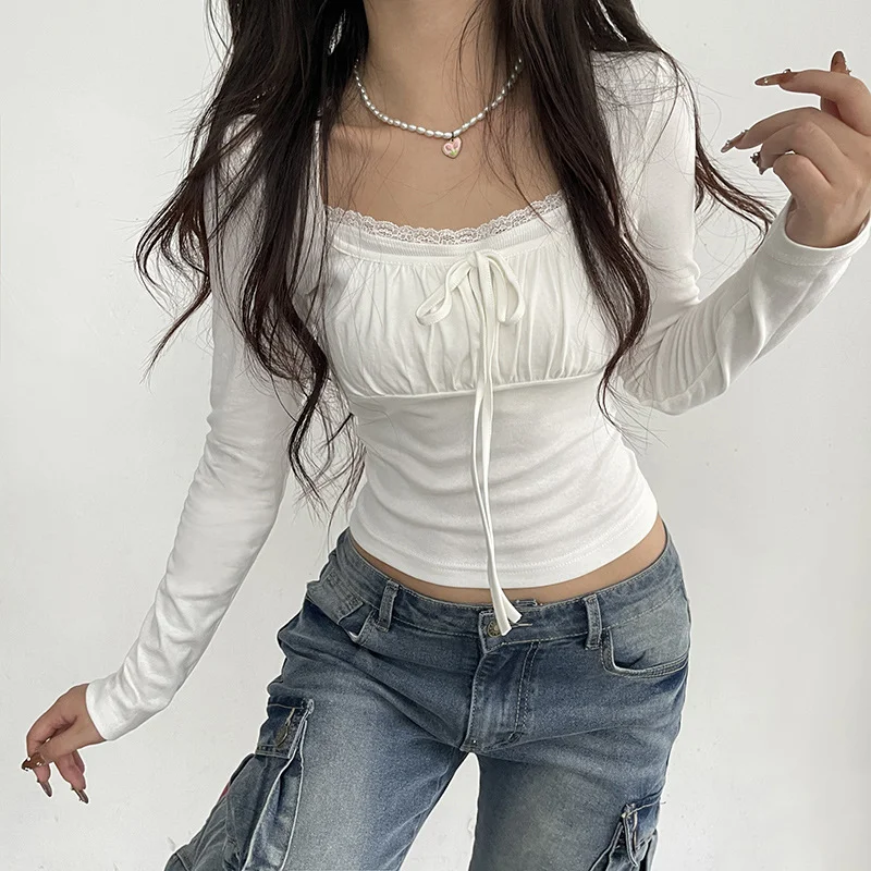 Wongn Lace Pleated Chest-Shaped Slim Long-Sleeved T-Shirt 2023 New Style