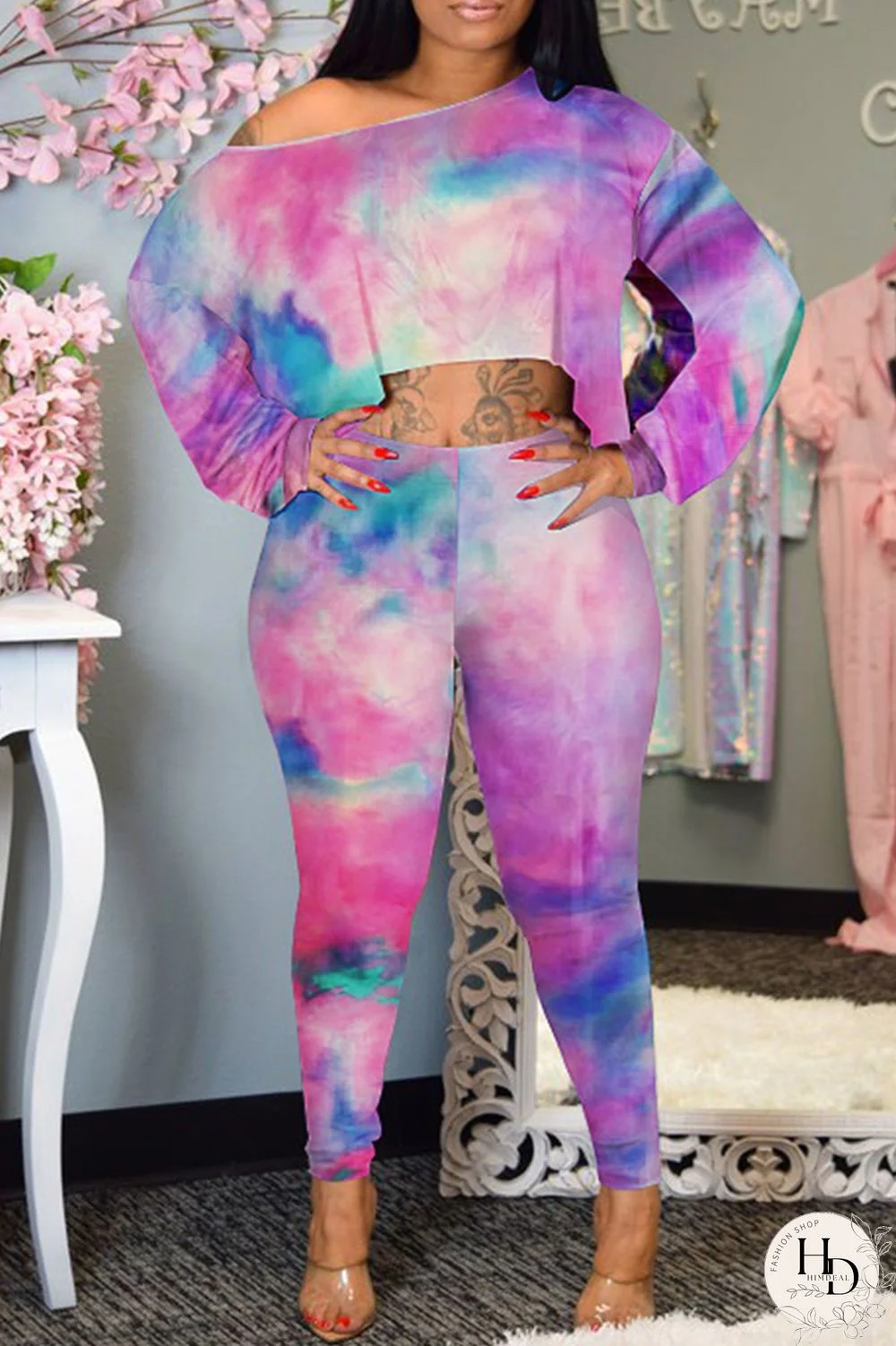 Green Fashion Casual Print Tie-dye Oblique Collar Long Sleeve Two Pieces