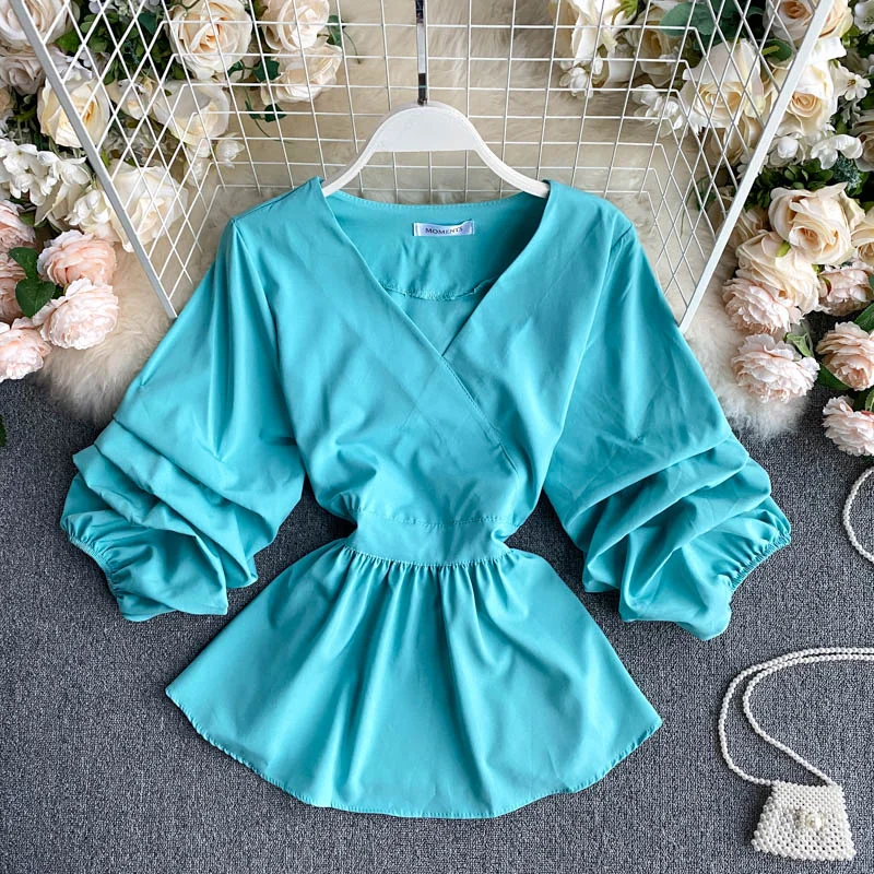 Women's Spring / Summer Shirt Top 2020 New Fashion Shirt V-neck Three Quarter Bow Lacing Waist Pleated Top Shirt blouse ML831