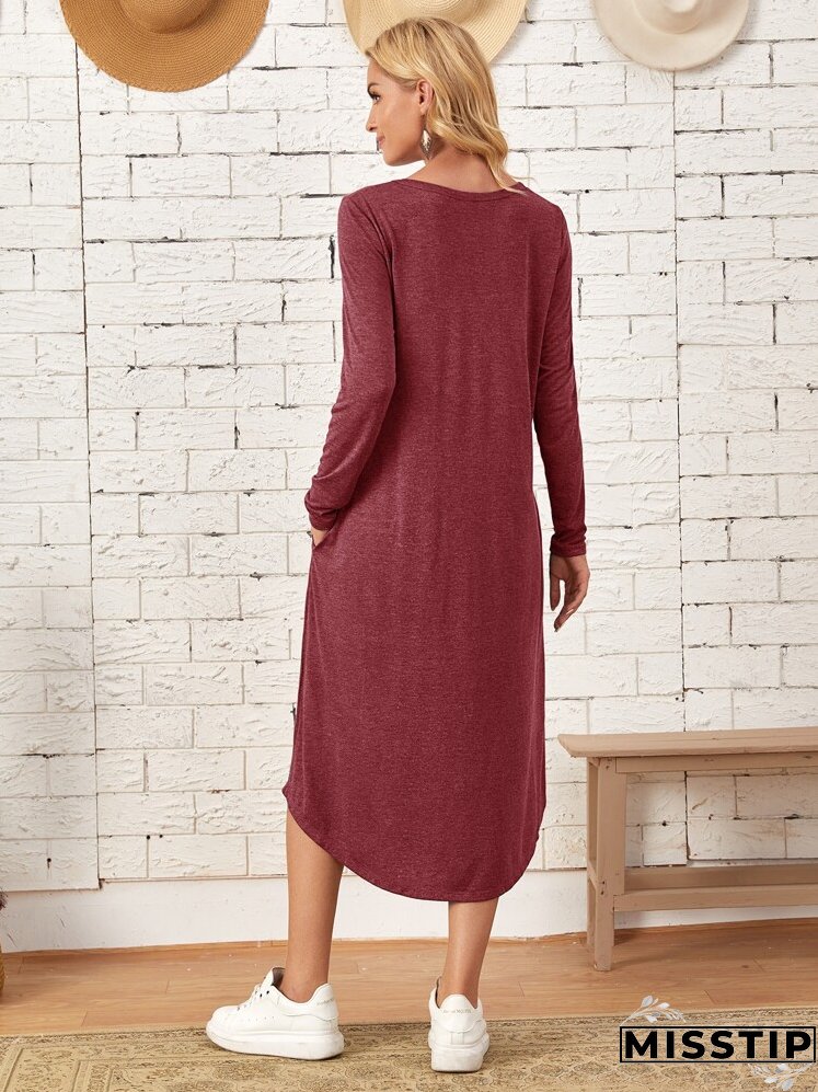 Marled Knit Slant Pockets Curved Hem Dress