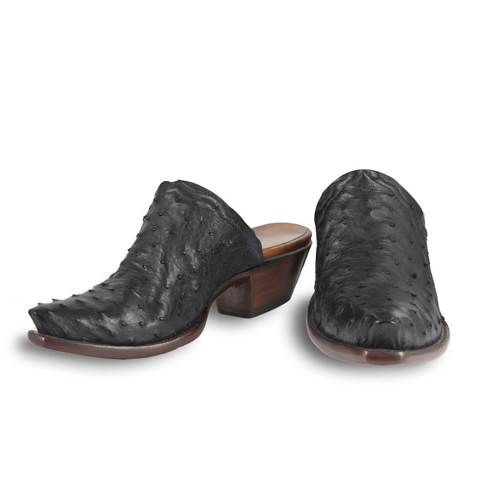 Black Ostrich Embossed Chunky Heel Western Mules with Snip Toe Nicepairs