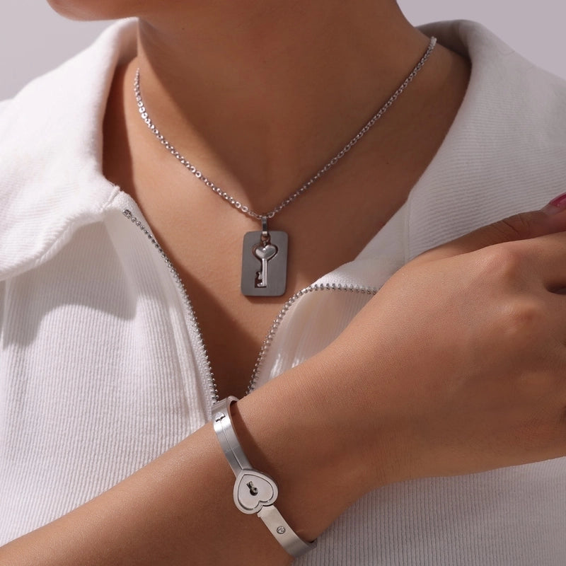 Titanium Steel Rose Gold Plated Elegant Minimalist Commute Hollow Out Inlay Heart Shape Key Lock Rhinestones Jewelry Set