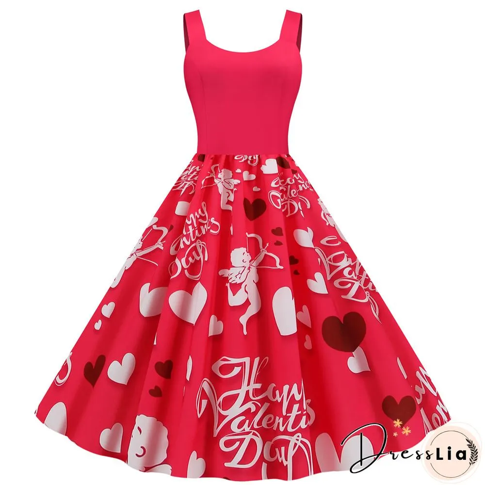 Sweet Heart Print Swing Vintage Women Summer Dress Sexy Halter Retro Rockabilly Rave Party