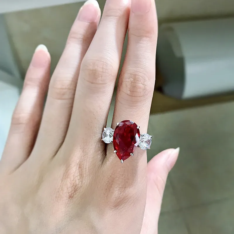 100% 925 Sterling Silver 11*18mm Ruby High Carbon Diamond Rings For Women Sparkling Wedding Party Fine Jewelry  055 