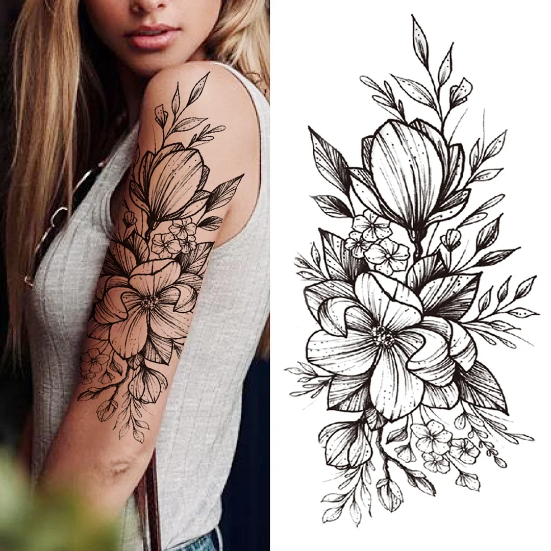 Death Skull Flower Temporary Tattoo For Women Girls Snake Bird Peony Tattoo Sticker Black Fake Blossom Sexy Tatoo Transfer Adult 530-1