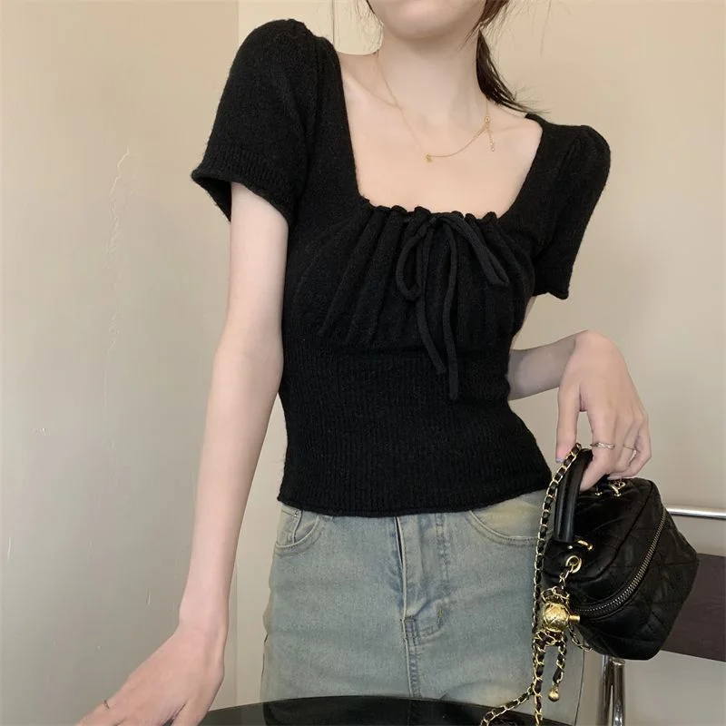 Uveng Uveng With Drawstring T-Shirt For Girls Summer New Retro French Style Collar Temperament Collar Collar Short Sleeve Top In Fashion