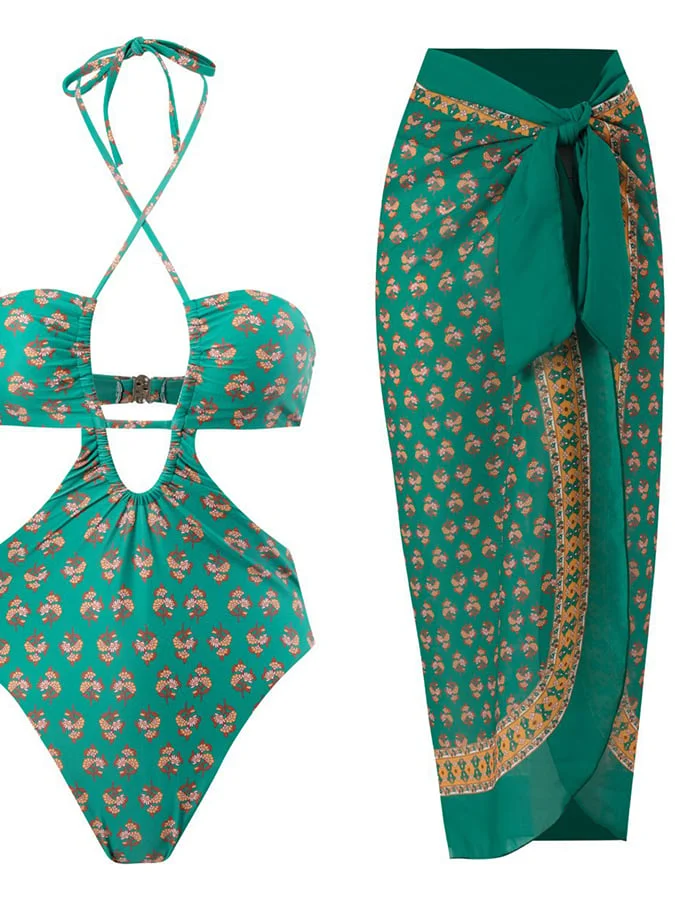 Moroccan Printed Pleated Hook Hanging Swimsuit