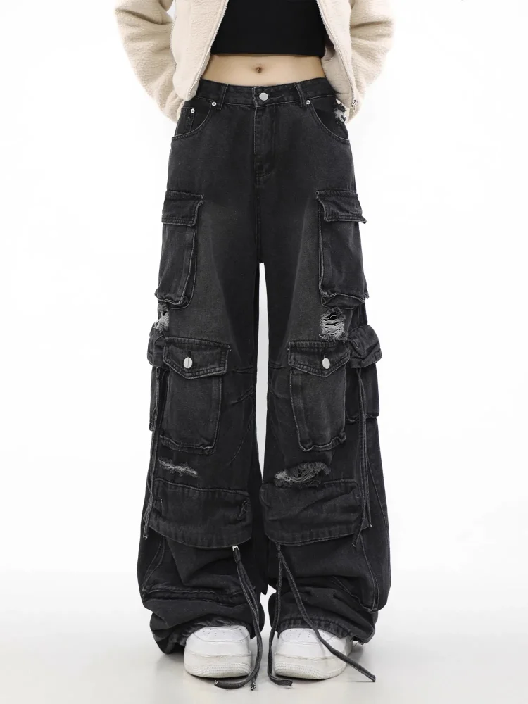Retro Gothic Wide-Leg Black Denim Pant