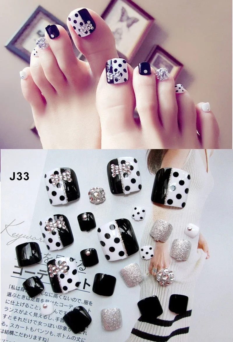 24 Pcs/Set Fresh Style Toe Fake Nails 3D Foot Full Toes Nail Art Tips False Nails  for Lady Girls Toenails Press on Nail-Nail Inspo