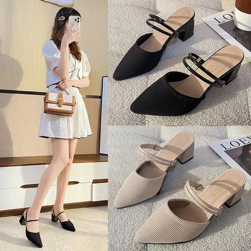 Breakj Breakj Head With Coarse Heel Cool Slippers Half-Dragging Sandals Women's Summer 2025 New Breathable Cloth Wear