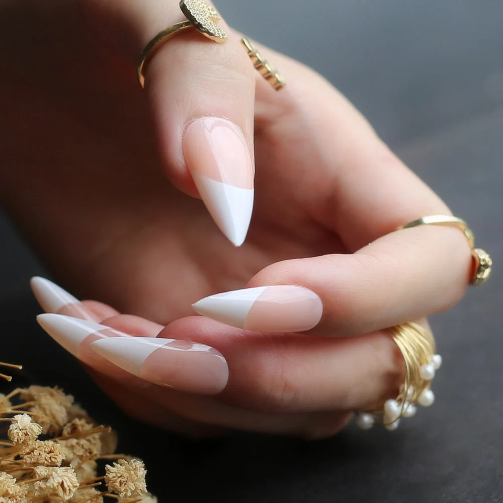 Long stiletto nails white tip nude french fasle nails sheer white pink almond fake nail 24pcs-Nail Inspo