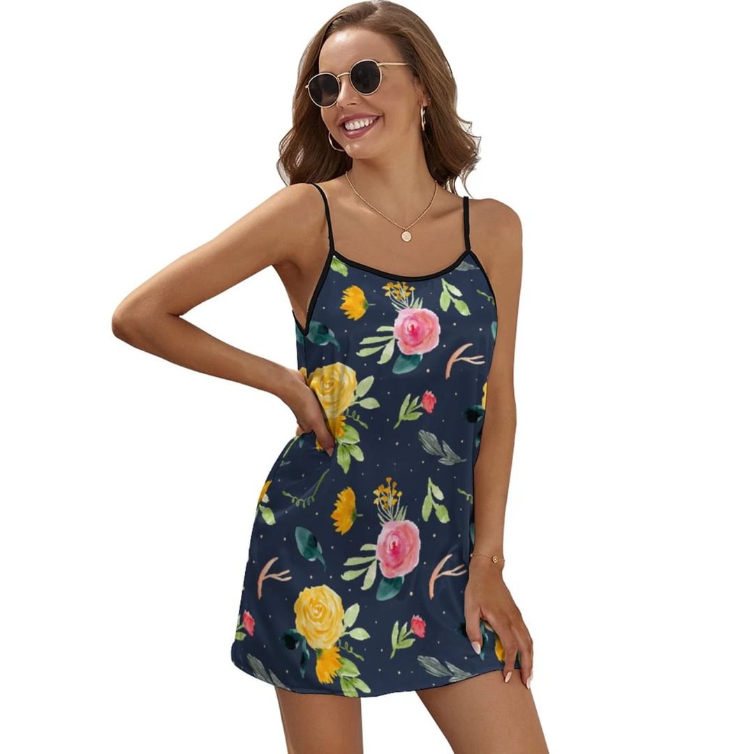 Women's  Navy Flower Strap Sleeveless Adjustable Strappy Summer Beach Swing Dress Satin Dress