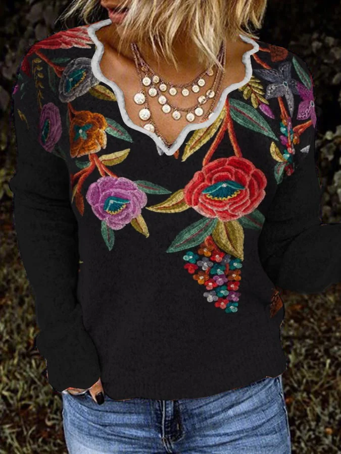 Casual Wave Collar Geometric Floral Print Plush Top