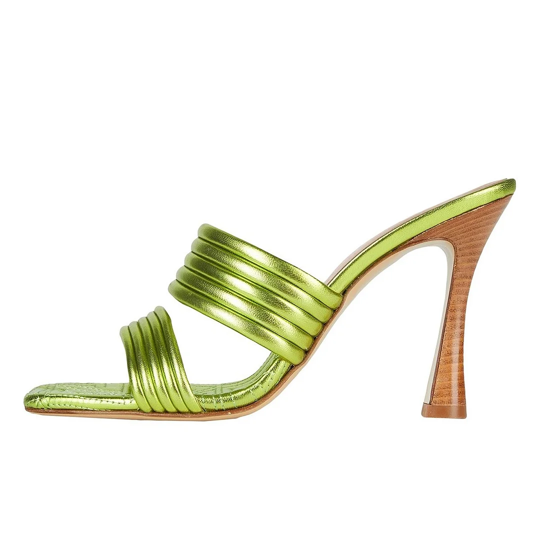 Metallic Lime Green Vegan Leather Square Toe Women's Mules Shoes