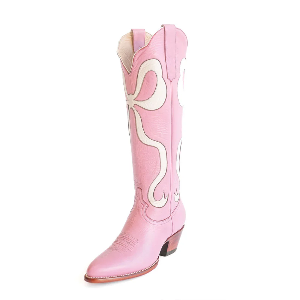 Pink & White Closed Toe Bow Inlay Knee High Cowgirl Boots