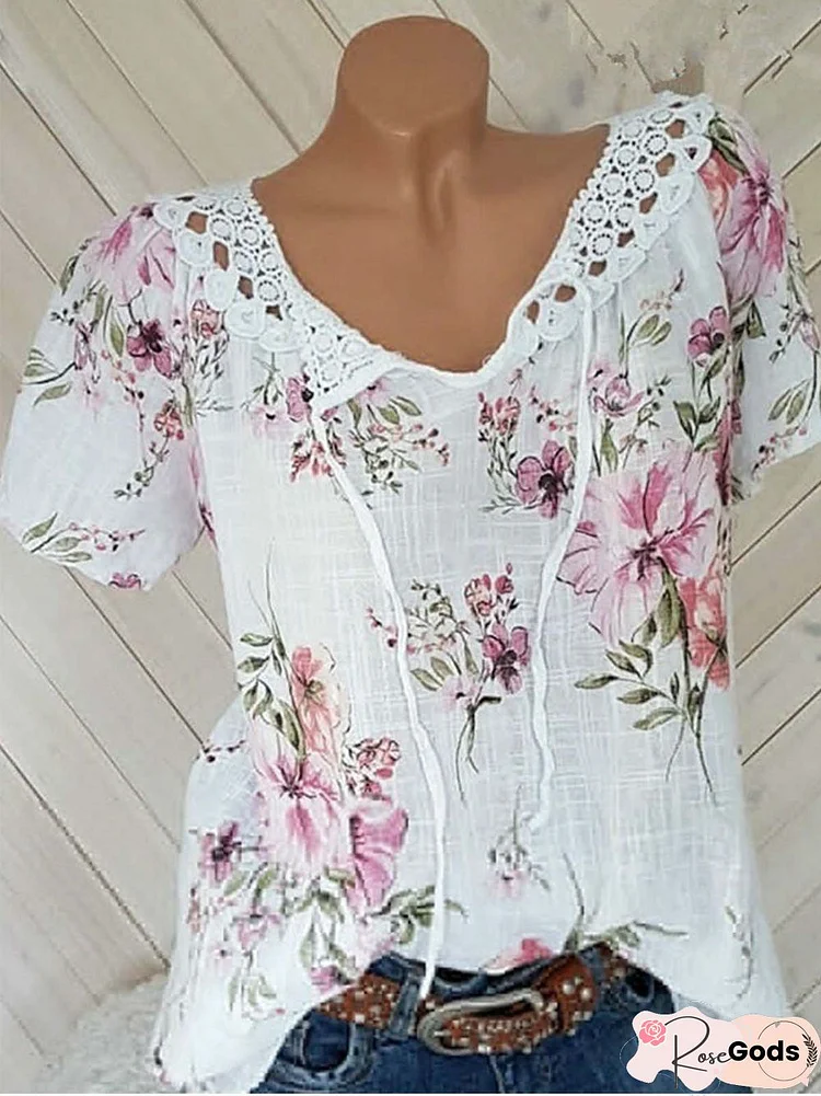 Short Sleeve Floral Printed V Neck T-Shirt