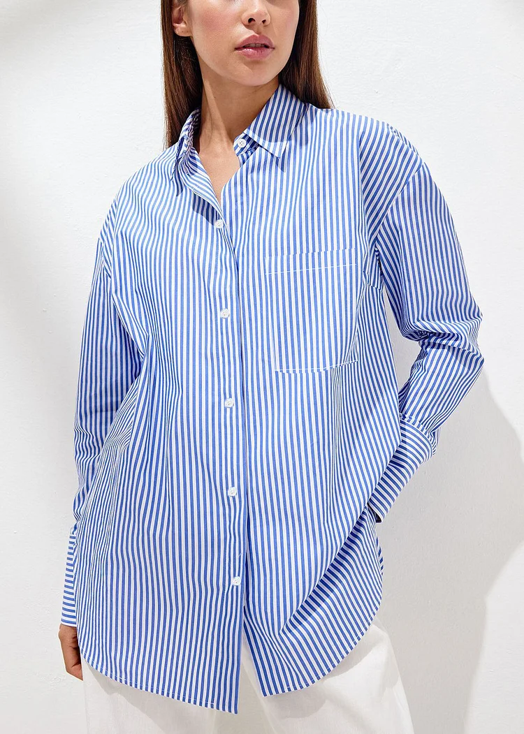 Italian Blue Peter Pan Collar Striped Cotton Shirts Top Fall