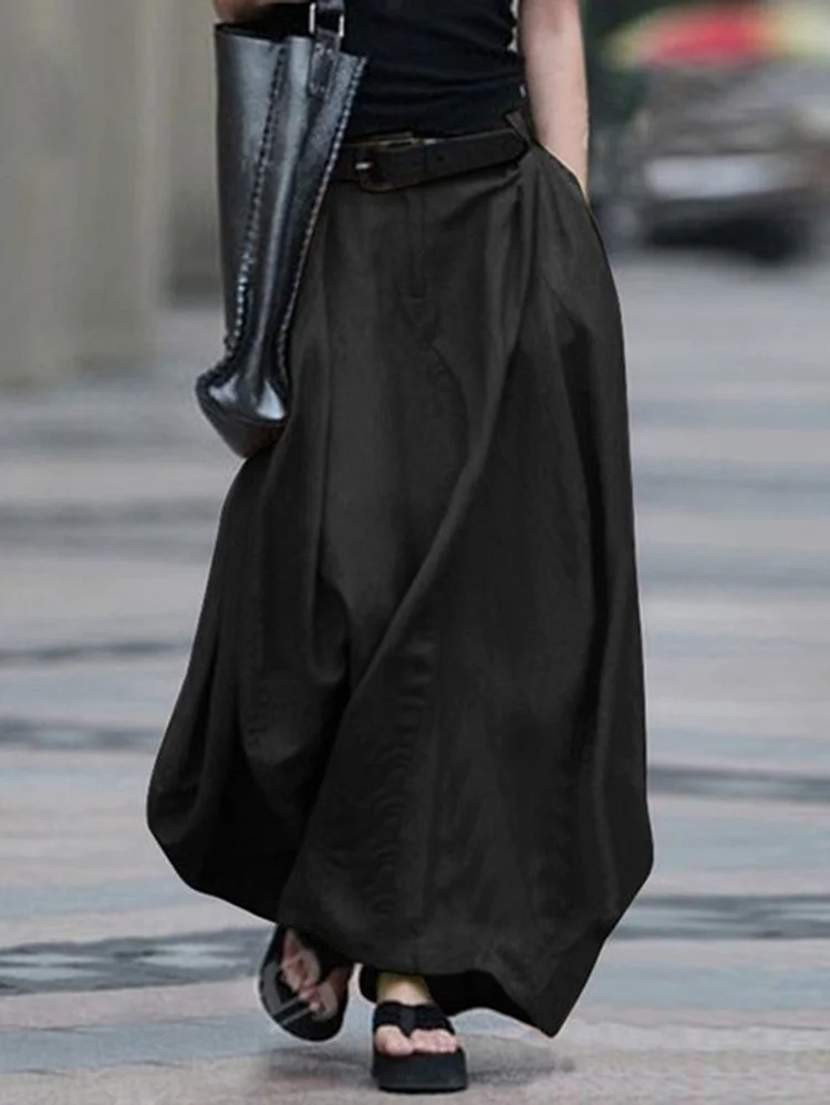 Casual Loose Pocket Solid Color Maxi Skirt