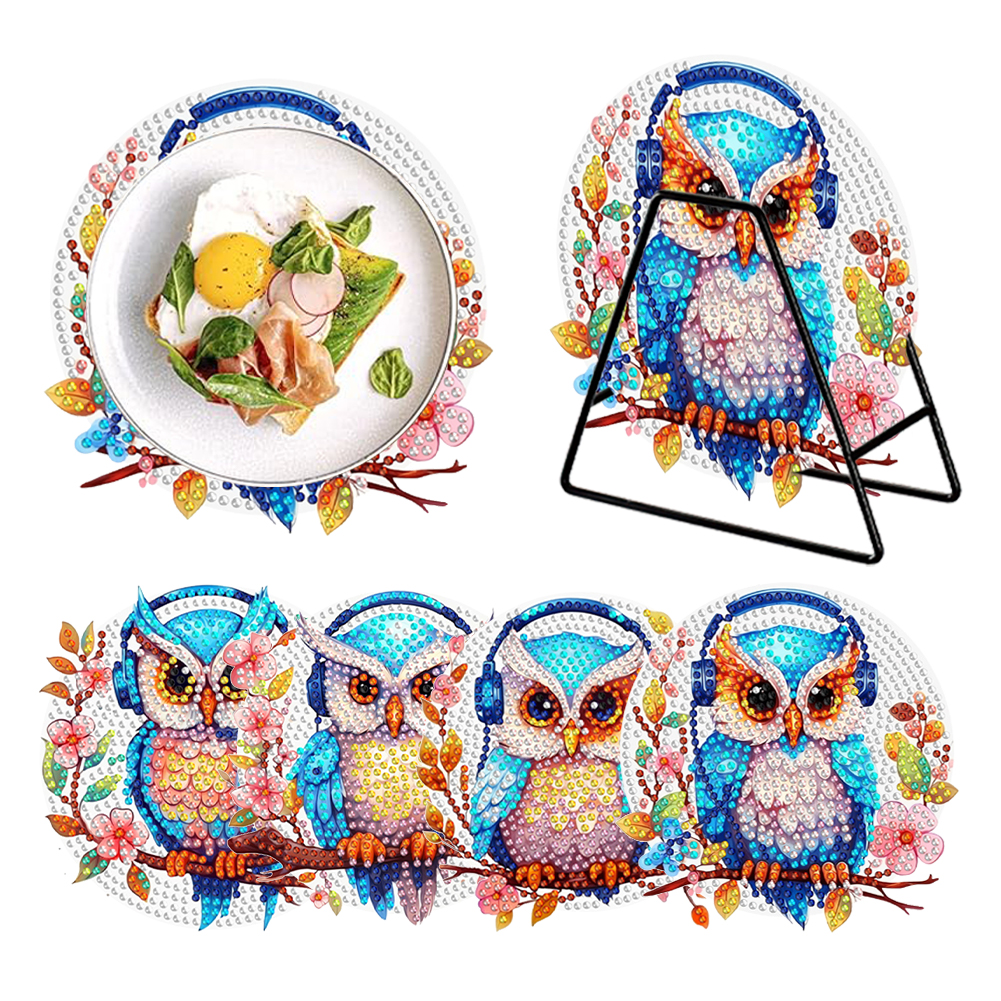 4Pcs Wooden Diamond Painting Placemats Round Diamond Art Table Mats (Owl B)