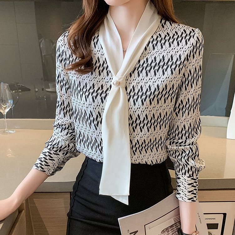 White Geometric Long Sleeve Shirts & Tops
