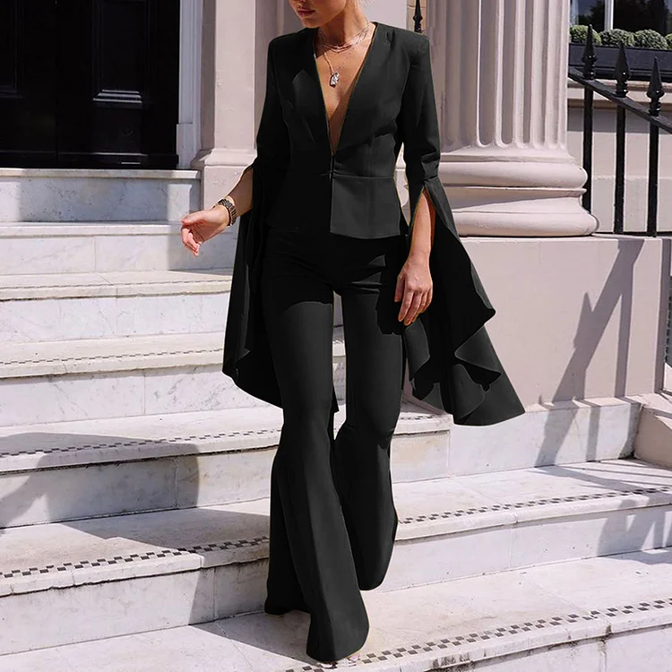 Solid Flared Sleeve Two Piece Set