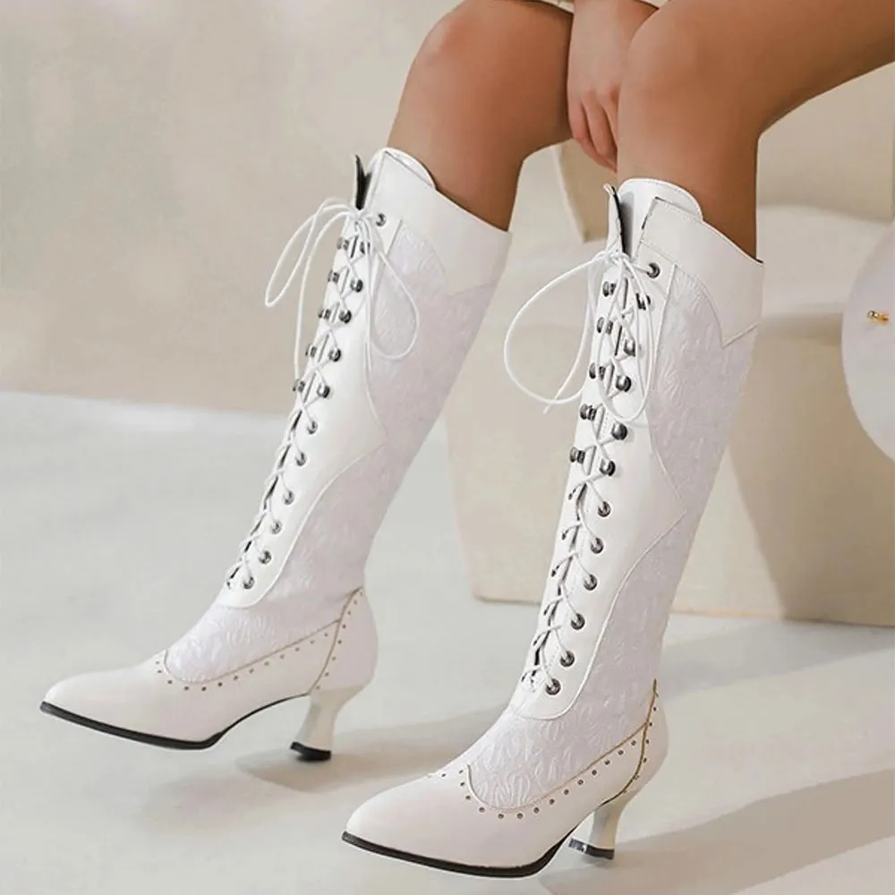 Fashion White Pointed Toe Knee High Heeled Boots with Lace Up