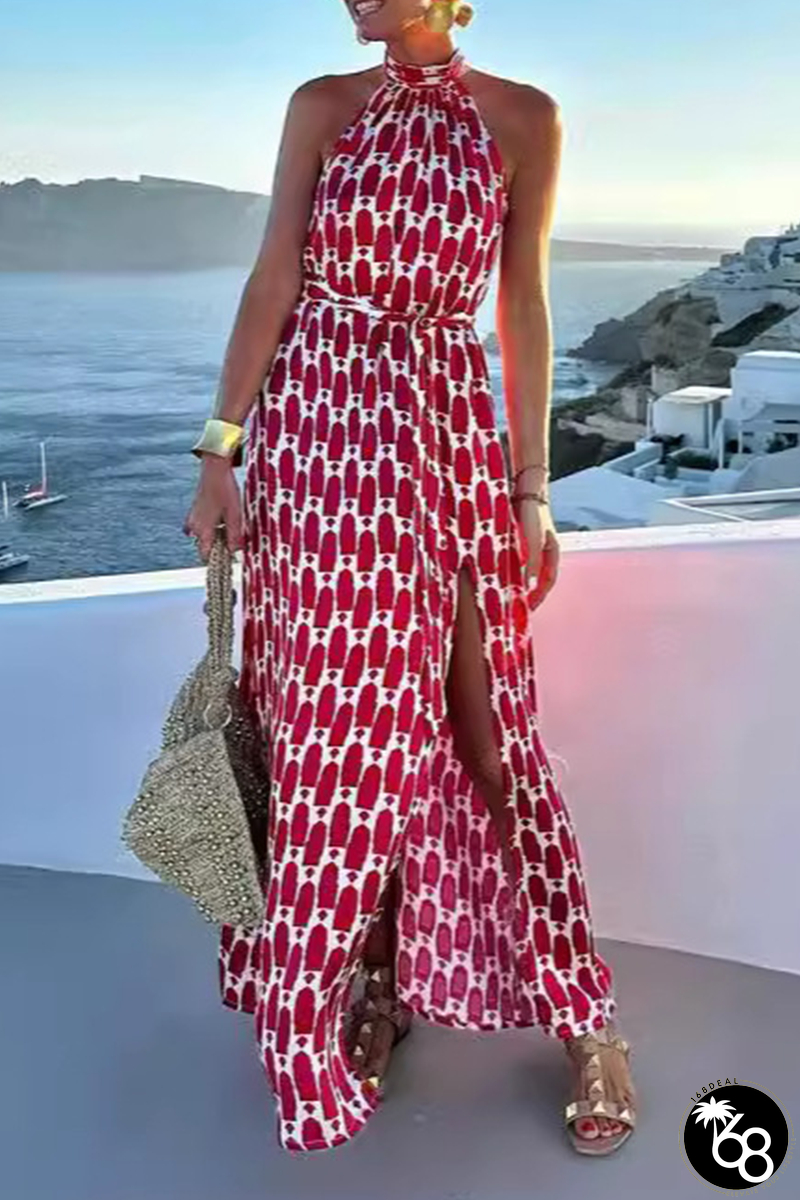Elegant Geometric Print Lace Up Slit Halter Sleeveless Dresses | 168DEAL