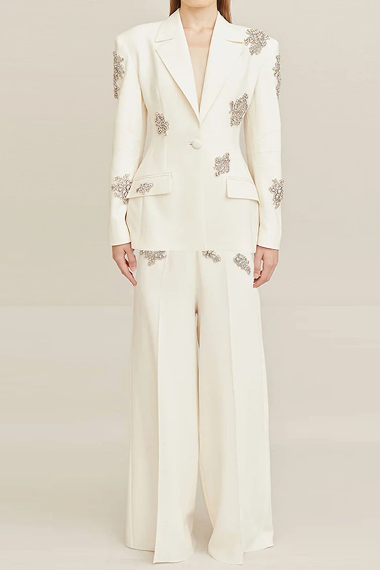 Rhinestone Embellished One Button Wide Leg Two Piece Pant Suit-White