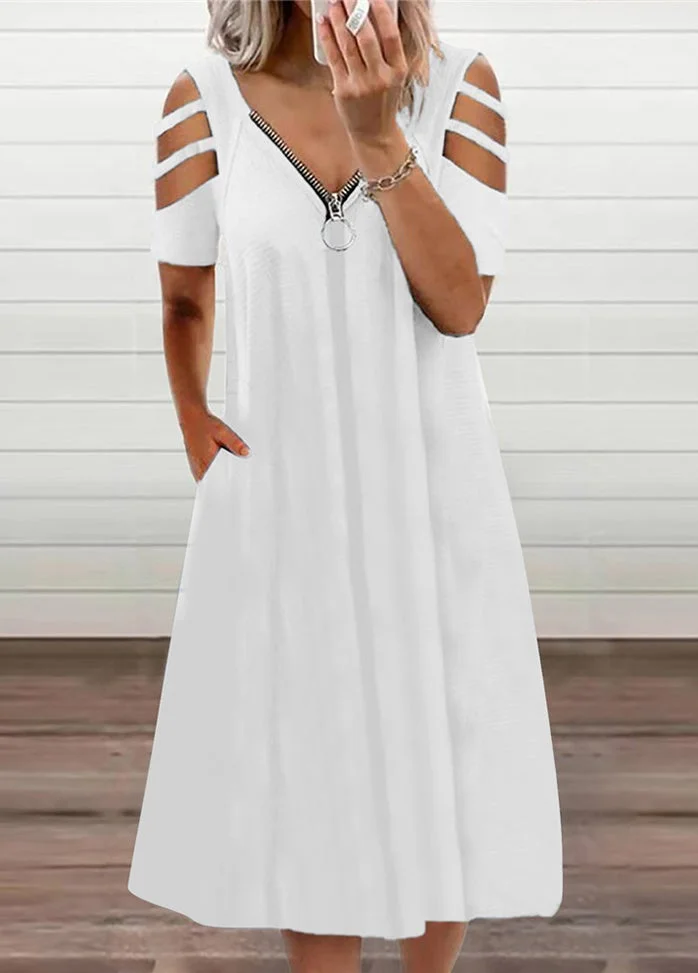 Solid Color Zipper V Neck Short Sleeve Dress