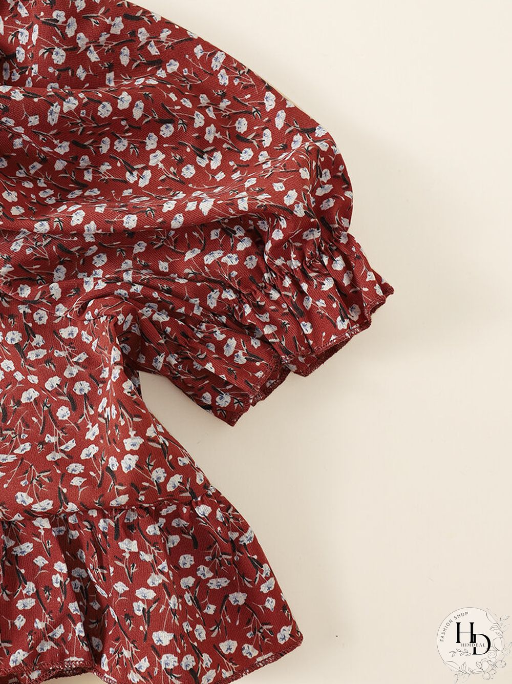 Allover Floral Print Bowknot Puff Sleeve V-neck Crop Top