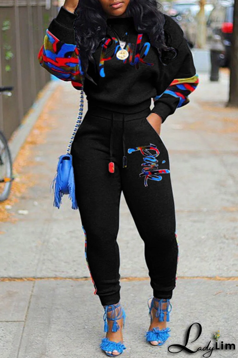 Black Fashion Casual Letter Print Patchwork O Neck Long Sleeve Two Pieces