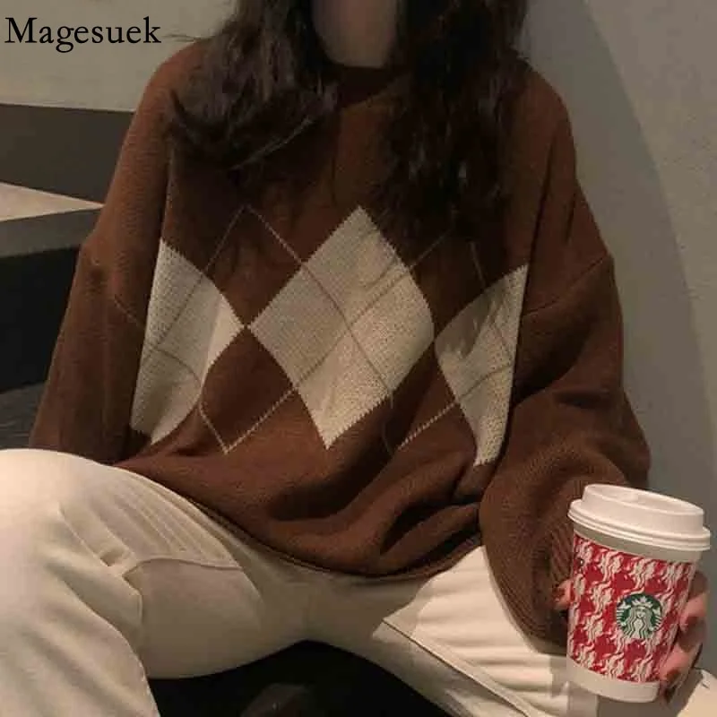 New Fashion Oversized Pullover Women Sweater Knitted Winter Loose Argyle Sweater Korean College Jumper Women Plaid Sweater 16691