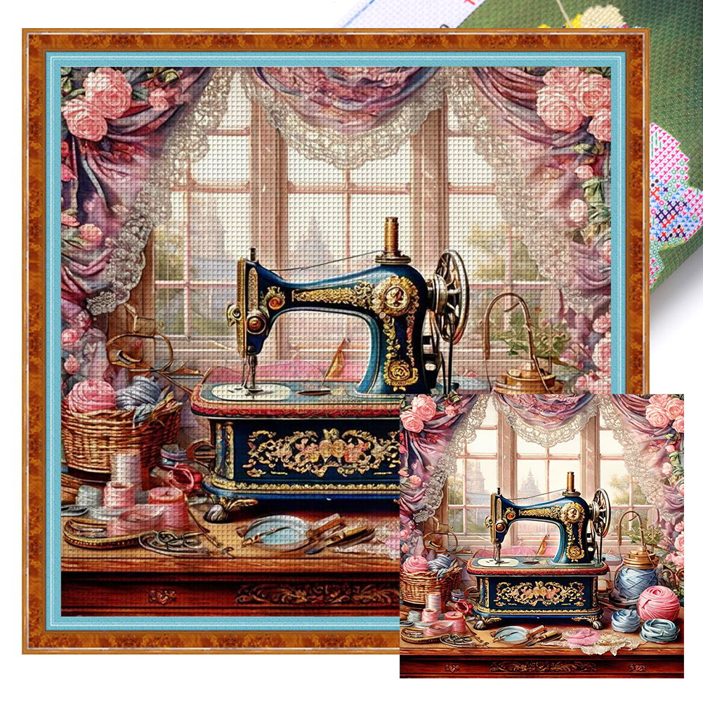 Sewing Machine Full 11CT Pre-stamped Canvas(45*45cm) Cross Stitch