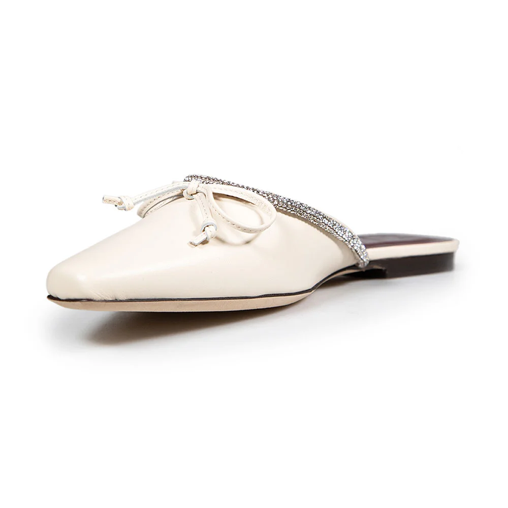 Beige Bow Closed Toe Rhinestone Embellished Flat Mules for Women