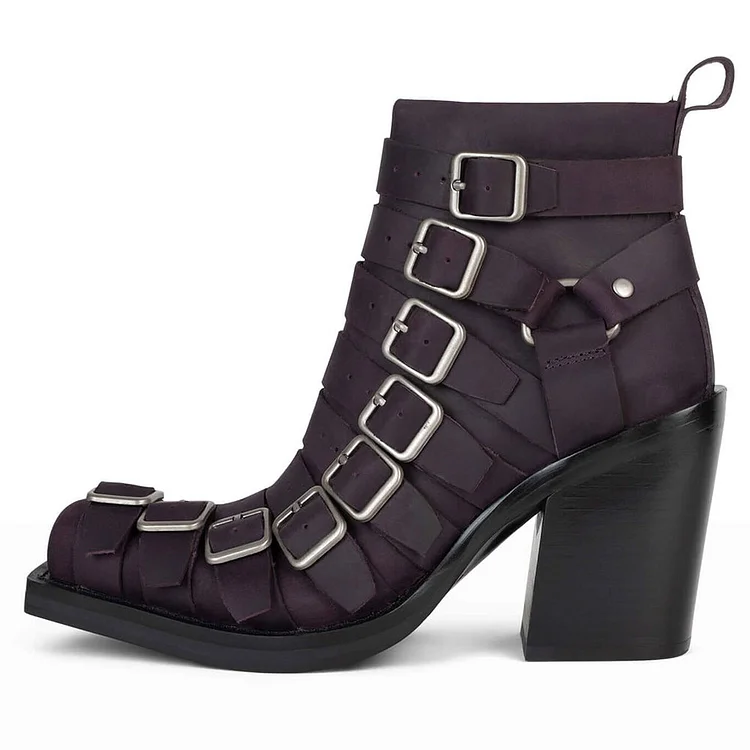 Dark Purple Block Heel Booties Square Toe Multi-strap Ankle Boots |FSJ Shoes