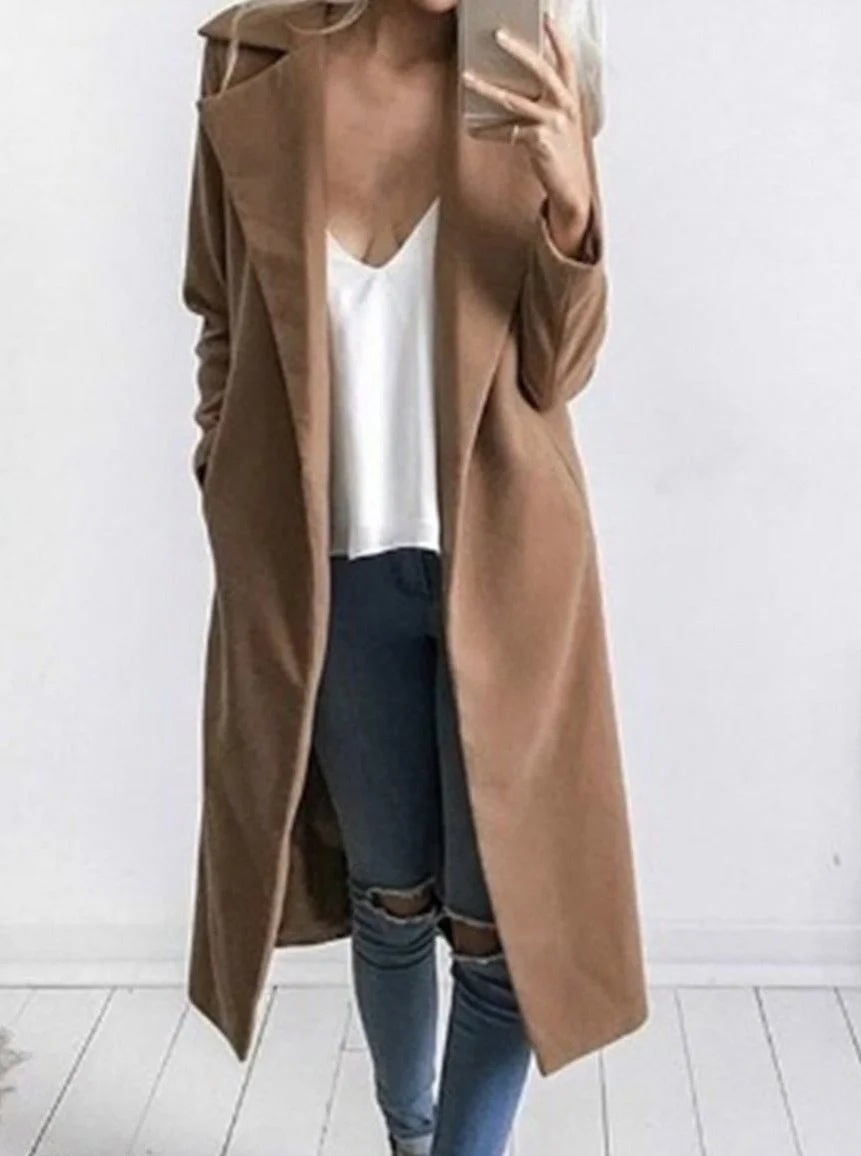 Lapel Longline Plain Pocket Woolen Coat | EGEMISS