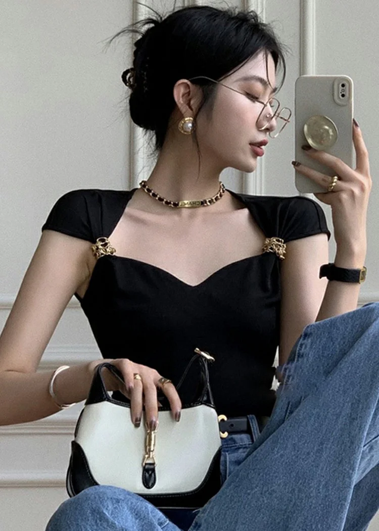 Chic Black Strapless Tops Short Sleeve