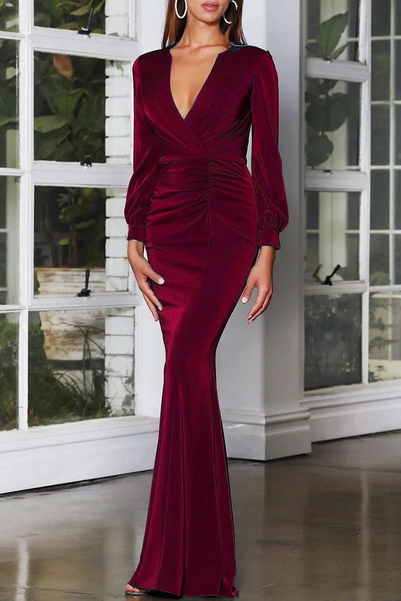 Burgundy Fashion Sexy Solid Basic V Neck Long Sleeve Evening Dress