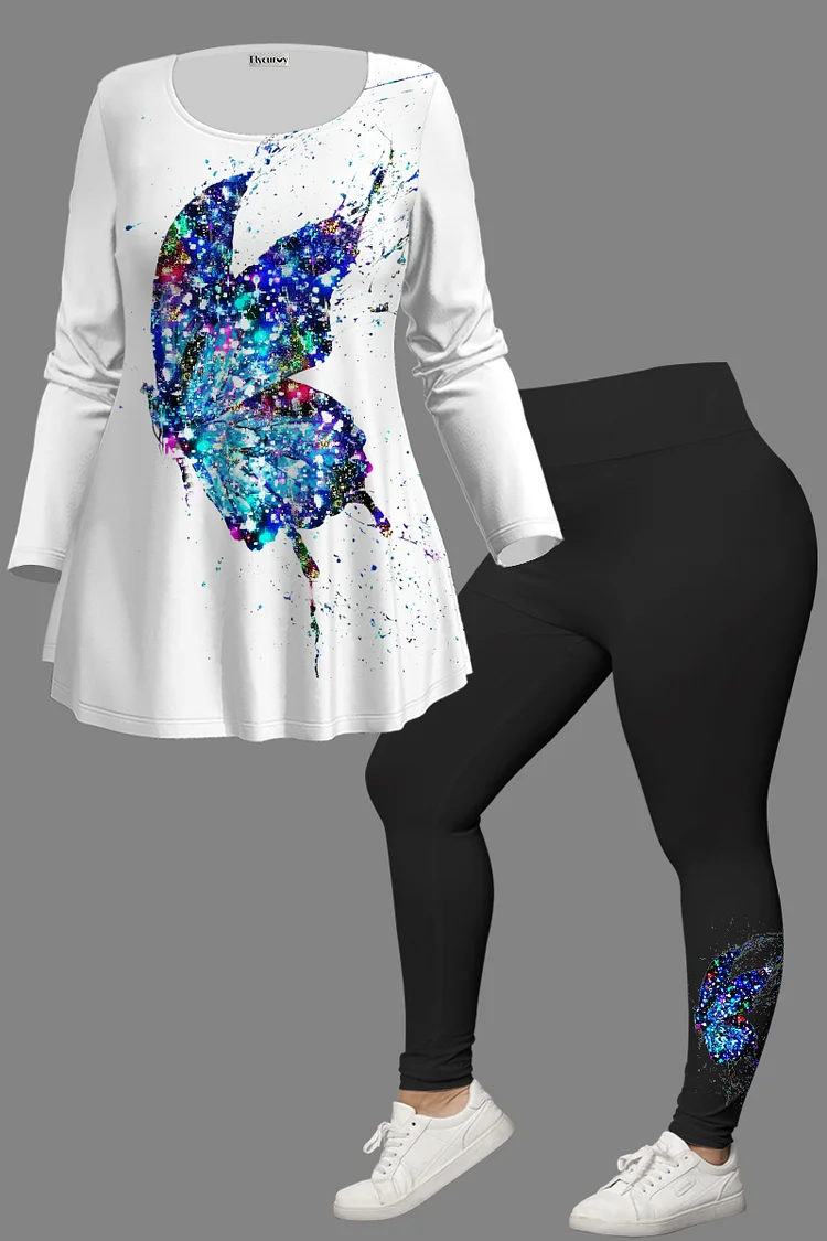 Flycurvy Plus Size Casual White Butterfly Print Ombre Rhinestone Colorful Two Piece Pant Set  Flycurvy [product_label]