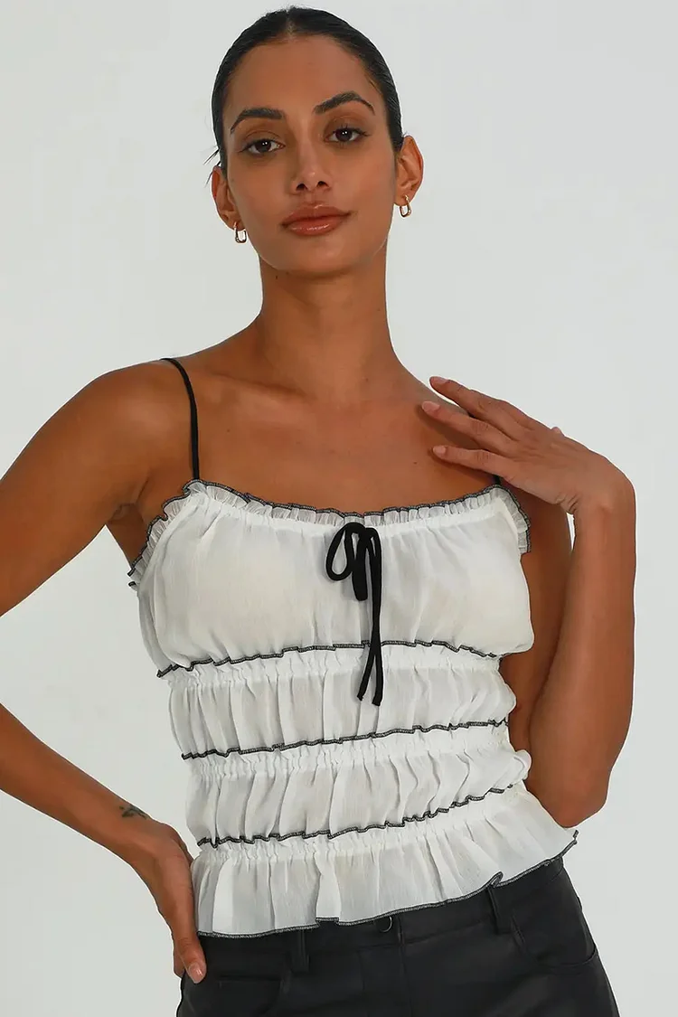 Chiffon Cami Boat Neck Tied Up Tiered Ruffle Backless Slim White Top