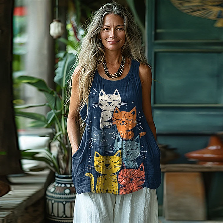 Vintage Pop Art Layered Cat Linen Top