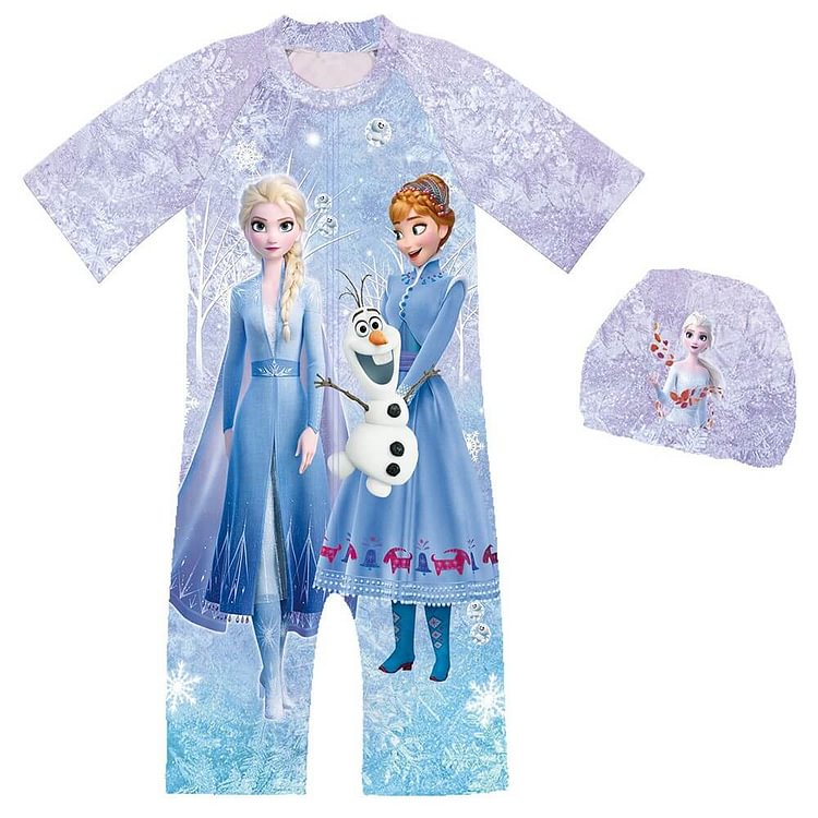 Blue Pink Frozen 2 Elsa Anna Printed Girls One Piece Swimsuit With Hat-Mayoulove