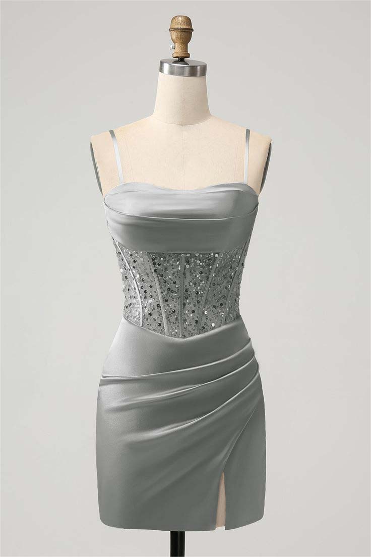  Elegant Sage Green Homecoming Dress Spaghetti Strap Patchwork with Sequins - ohprom