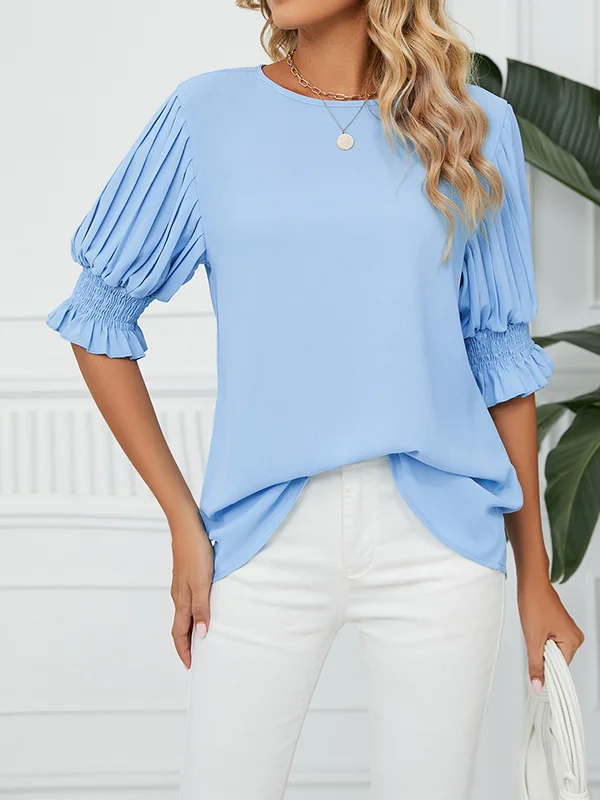 Loose Puff Sleeves Pleated Solid Color Round-Neck T-Shirts Tops