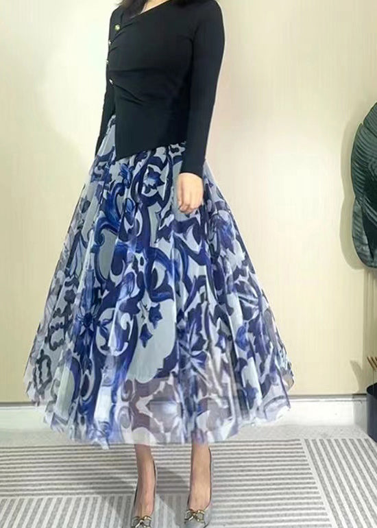 VCSHOES Blue High Waist Print Wrinkled Tulle Skirt Spring
