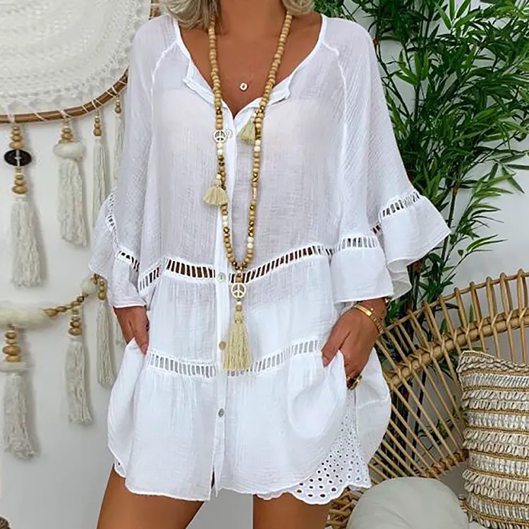 Casual Lace-trimmed Three-quarter Sleeve Cotton And Linen Shirt Dress